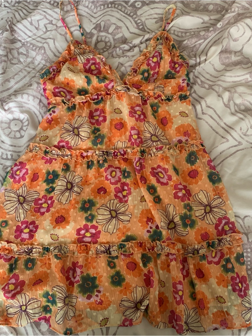 wild fable Orange Floral Ruffle Tiered Sundress with Pink & Green Accents